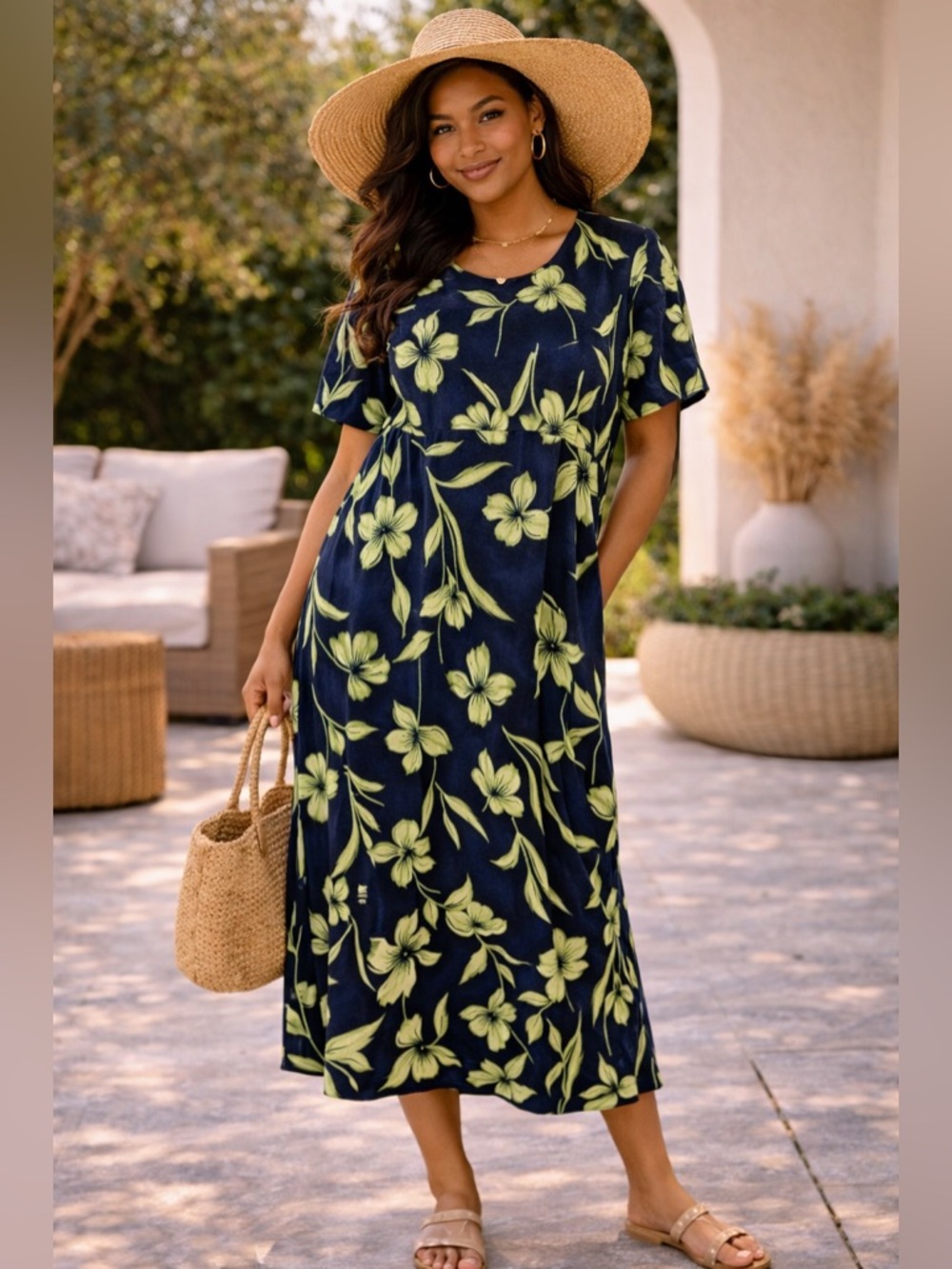 Norton McNaughton Navy Maxi Dress with Lime Green Floral Print 100% Rayon